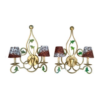 Vintage Currey and Company Double Wall Sconces With Leopard Shades - A Pair For Sale