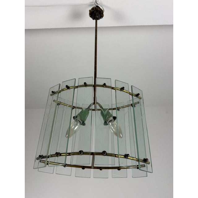 Murano Glass and Brass Pendant Light in the style of Fontana Arte, 1950s For Sale - Image 4 of 9