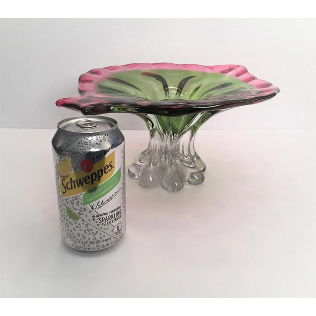 1960s Mid-Century Modern, Art Glass Pedestal Centerpiece Bowl, Leaf or Fish Shape in Pink, Green, Clear For Sale - Image 10 of 13
