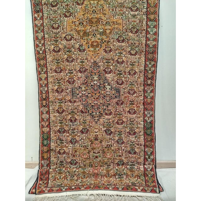 Persian Vintage Persian Senneh Kilim Runner Rug, Handwoven Wool, Paisley Pattern, Tan & Green, 3x11 For Sale - Image 3 of 6
