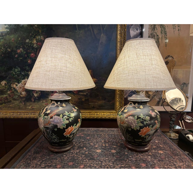 Japanese Vintage Japanese Famille Noire Black Porcelain Table Lamps - Hand Painted - a Pair For Sale - Image 3 of 9