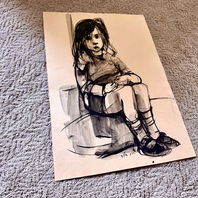 Black 1970s Ruth Schloss Original Ink Portrait Drawing Small Girl Signed For Sale - Image 8 of 9