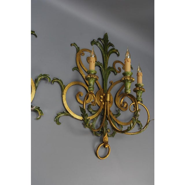Large Gilt and Green Color Metal and Wood Sconces, 1960s, Set of 2 For Sale - Image 12 of 18