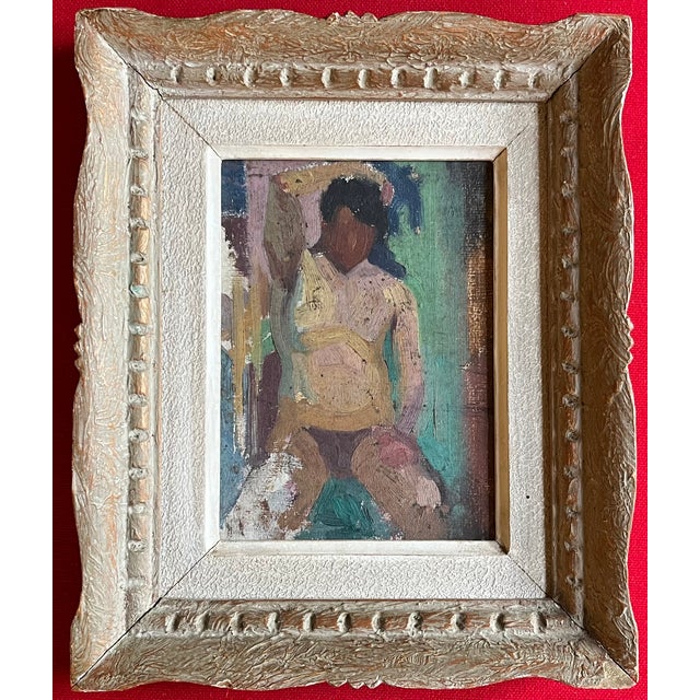 French Mid-Century Modern Oil Painting on Board Nude Study in Original Frame Circa 1950 For Sale - Image 9 of 9