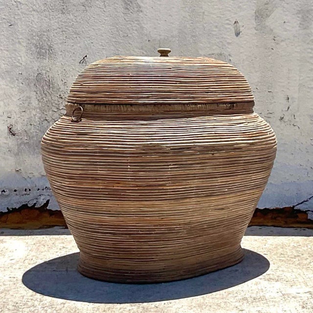 Vintage Coastal Pencil Reed Lidded Basket For Sale - Image 10 of 10