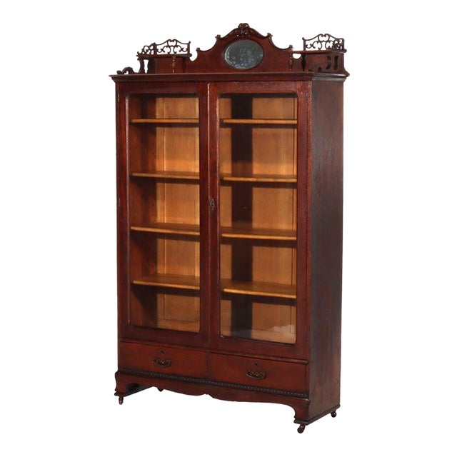 Arts & Crafts Oak 2-Door & 2-Drawer Bookcase With Cutout Gallery C1910 For Sale