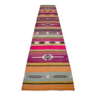 Vintage Turkish Runner Rug Kilim - Handmade Extra Long Hallway Decor , Stair Runner 2′10″ X 15′3″ For Sale