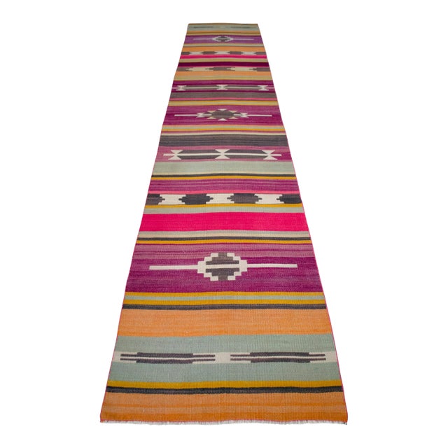 Vintage Turkish Runner Rug Kilim - Handmade Extra Long Hallway Decor , Stair Runner 2′10″ X 15′3″ For Sale