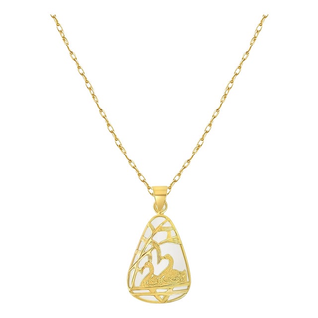 Triangular Jade Necklace with Swan design with 14k Yellow Gold 16" For Sale