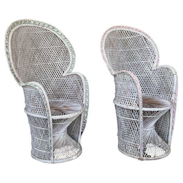 Pair of Vintage White Wicker Peacock Chair in the Emmanuelle Style For Sale - Image 15 of 18