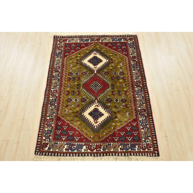 Farmhouse Yalameh Rug 3'5'' X 4'8'' Green Wool Vintage Tribal Hand-Knotted Oriental Carpet For Sale - Image 3 of 12