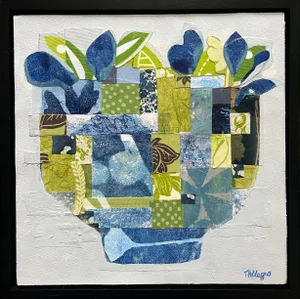 Botanical Blue Bowl Original Collage, Framed