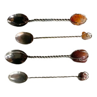 Mid-Century Sterling Silver Spoons With River Amber Stones, Set of Four For Sale