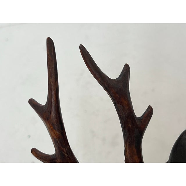 Vintage Black Forest Style Hand Carved Wood Stag Deer Sculpture With Antlers For Sale - Image 11 of 12