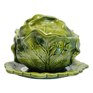 Vintage 1970s Ceramic Cabbage Covered Bowl & Underplate, Holland For Sale
