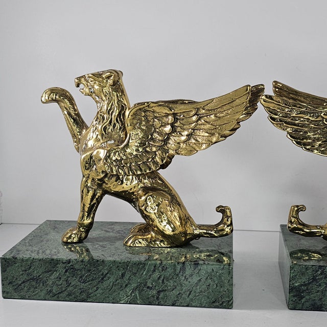Brass Pair of Vintage Brass Griffin Bookends With Green Marble Bases For Sale - Image 8 of 10