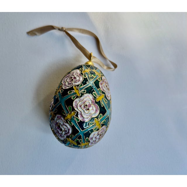Teal Faberge Style Cloisonne Enamel Egg Ornament, 1970's For Sale - Image 8 of 16