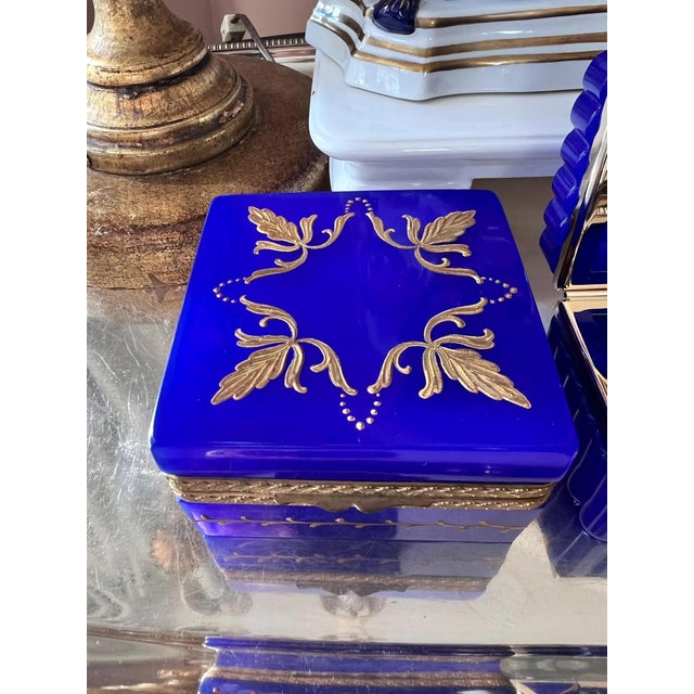 1960s Cobalt / Lapiz Italian Opaline Glass Casket With Gold Mounts and Beautiful Enamel Detail For Sale - Image 9 of 12