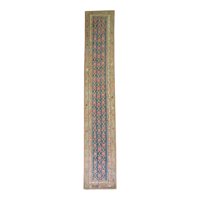 Traditional Navy Green Floral Persian Runner, 20th Century - 2'8" x 16' For Sale