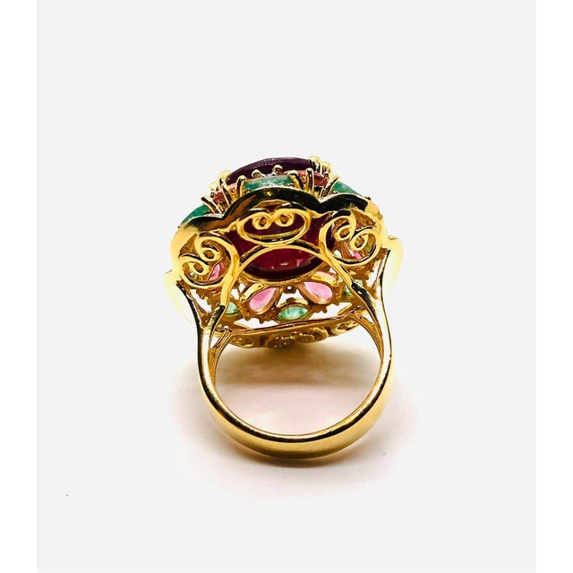 Red Bochic “Orient” Vintage Emerald, Ruby & Pink Tourmaline Ring Set 18 K Gold & Sil For Sale - Image 8 of 11