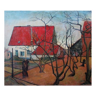 Alexandru Tipoia, Romanian Modernist Landscape with Red Roof House, 1960s, Oil on Canvas, Framed For Sale
