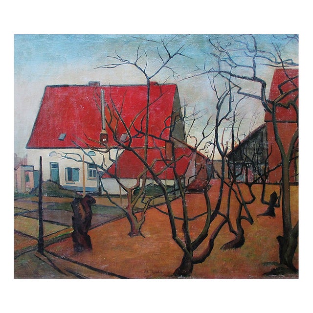 Alexandru Tipoia, Romanian Modernist Landscape with Red Roof House, 1960s, Oil on Canvas, Framed For Sale
