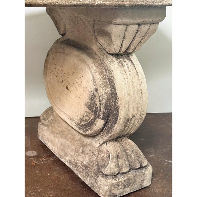 English Curved Garden Stone Bench With Scroll and Lion's Head Base Supports For Sale In Austin - Image 6 of 11