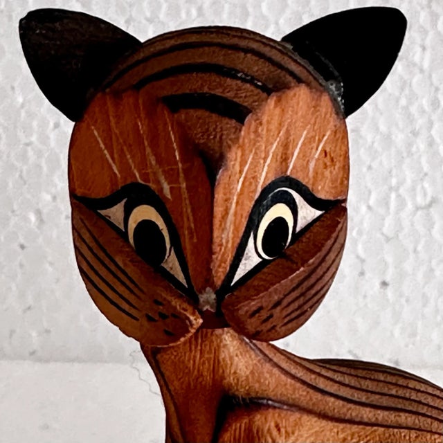 Mid 20th Century Vintage Mid-Century Carved Wood Springy/Bobble Head Cat Figurine For Sale - Image 5 of 8