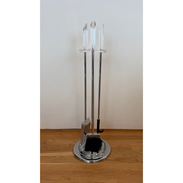 Chrome 1970s Modernist Chrome and Lucite Round Fireplace Tool Set - 4 Pieces For Sale - Image 8 of 12