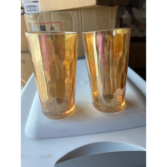 Gold Carnival Glass Tumblers, Marigold Hex Optic Iridescent -Set of 2 For Sale - Image 8 of 8
