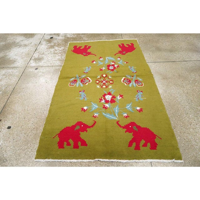 Mid 20th Century Galerie Shabab Collection Mid-20th Century Swedish Handmade Green Pictorial Rug With Elephants and Teddy Bears For Sale - Image 5 of 10