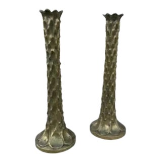 ( Set of 2 ) Early 20th Century Art Nouveau Brass Palm Candlesticks For Sale