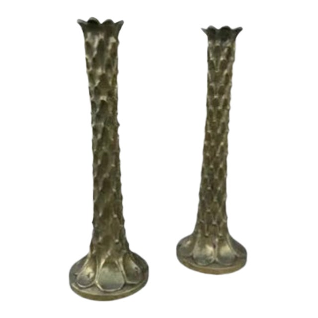 ( Set of 2 ) Early 20th Century Art Nouveau Brass Palm Candlesticks For Sale