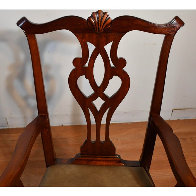 Brown 1920 Antique English Chippendale Solid Mahogany Set of Six Dining Chairs Leather Seats For Sale - Image 8 of 17