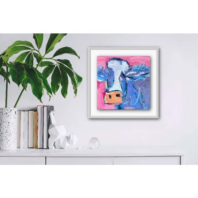 Blue Abstract Cow in Pink Oil Painting For Sale - Image 8 of 12