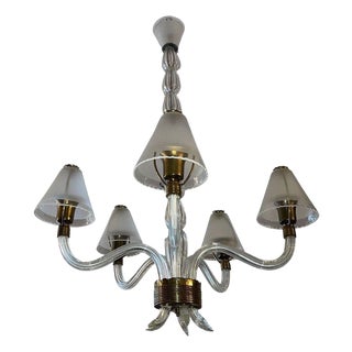Ercole Barovier Murano Glass Five-Arm Chandelier W Frosted Shades. Italy, 1940's For Sale