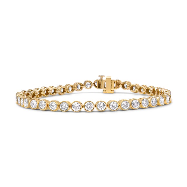 10K Yellow Gold 8.0 Cttw Bezel Set Round Diamond Tennis Bracelet For Sale In New York - Image 6 of 6