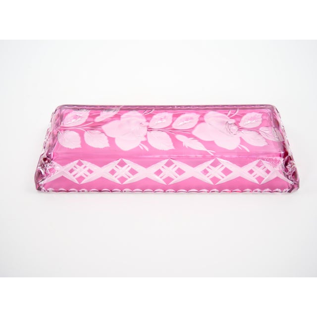 Pink Mid-Century Modern Val Saint Lambert Pink Crystal Cut and Etched Vanity Tray For Sale - Image 8 of 9
