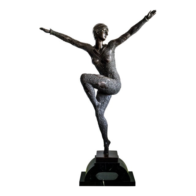 Mid 20th Century Monumental Art Deco Bronze Dancer After d.h. Chiparus, 27.5” Sculpture on Marble Base For Sale