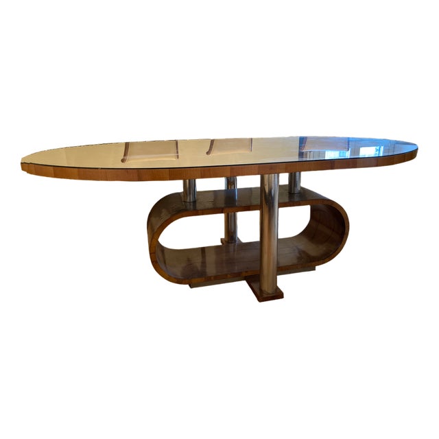 Large Vintage Art Deco Table in Walnut Root and Steel, 1935 For Sale