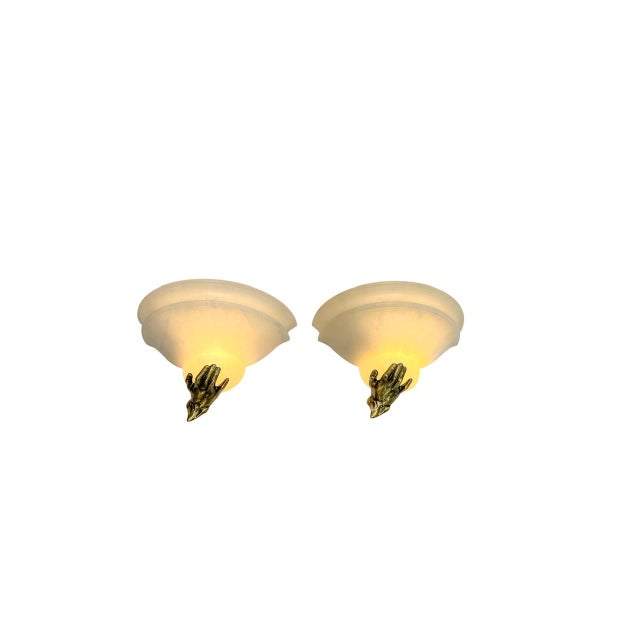 Metal Art Deco Alabaster Wall Lights with Bronze Hands, 1970s, Set of 2 For Sale - Image 7 of 10