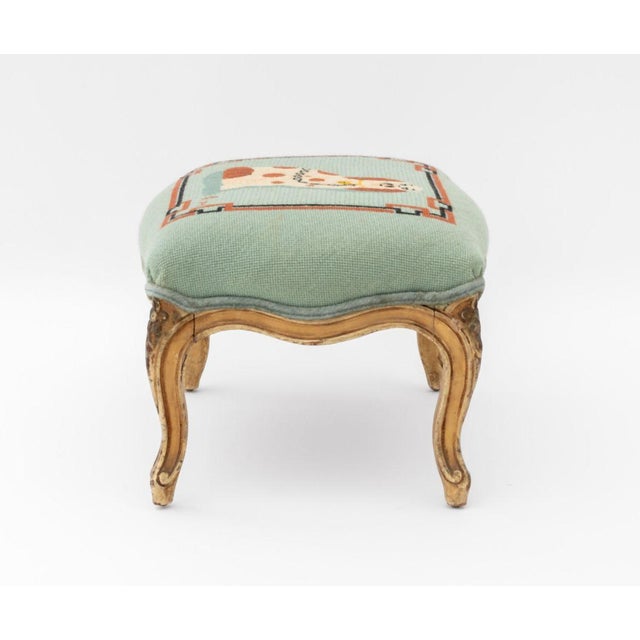 Wood Signed Spaniel Motif Needlepoint Footstool, 1974 For Sale - Image 7 of 8