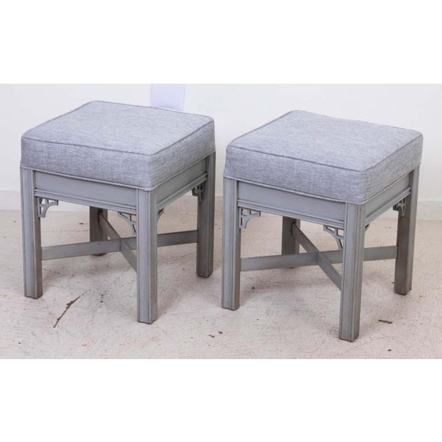 Pair of Painted Upholstered Chinese Chippendale Benches For Sale - Image 4 of 8