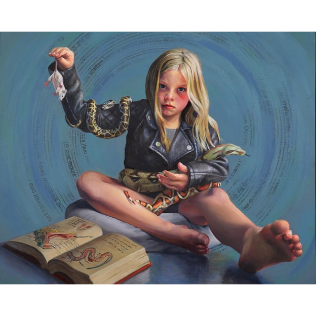 Scarlet Serpentes by Denise Dambrackas | Mixed-media: Acrylic & Oil on Panel girl with snakes and a book For Sale
