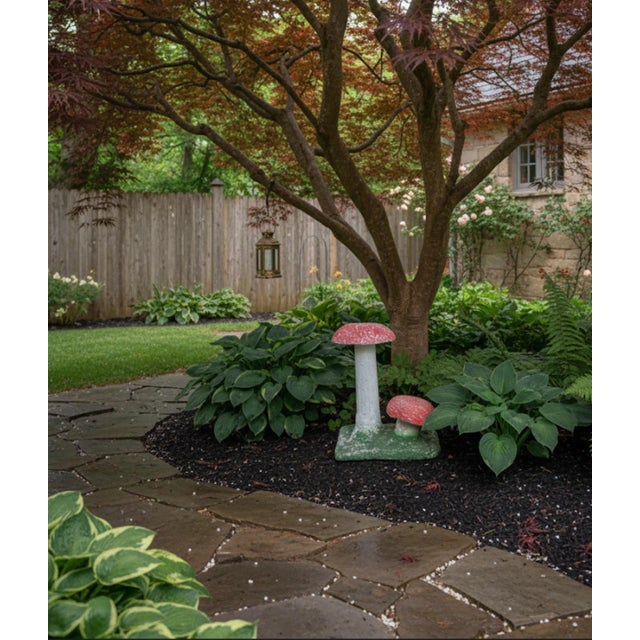 Red Vintage Concrete Mushroom Garden Sculpture – 19” Tall – Whimsical Double Toadstool For Sale - Image 8 of 8