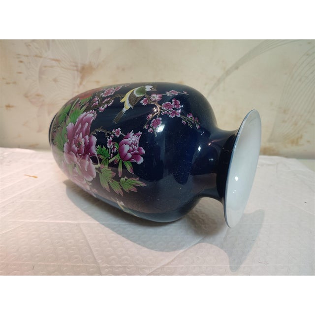 Chinese Old Ceramic Vase,Qianlong Marked Blue Ground Famille Rose Porcelain Vase Hand Drawing Flowers and Birds Pattern For Sale - Image 4 of 12