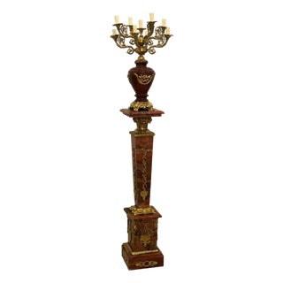 French Burgundy Pedestal With Candelabra-Style Porcelain Vase – Bronze & Gold Leaf Details For Sale