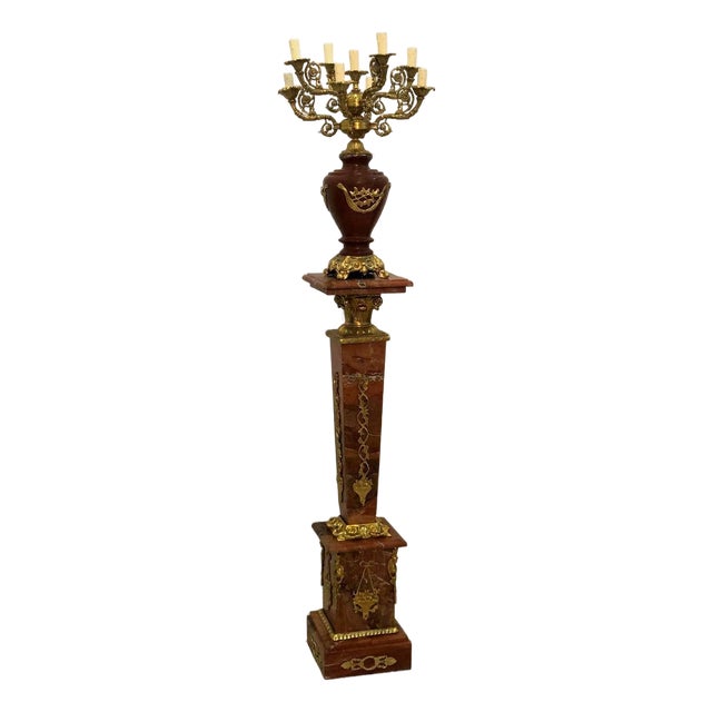 French Burgundy Pedestal With Candelabra-Style Porcelain Vase – Bronze & Gold Leaf Details For Sale