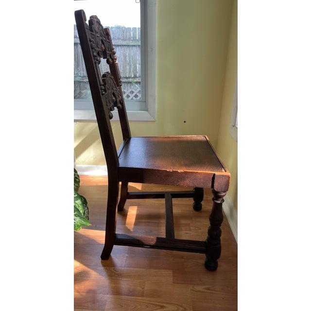 Wood Antique Sligh Furniture Jacobean Revival Oak Dining/Hall Chair–Derbyshire and South Yorkshire Side Chair-Circa 1910s For Sale - Image 7 of 13