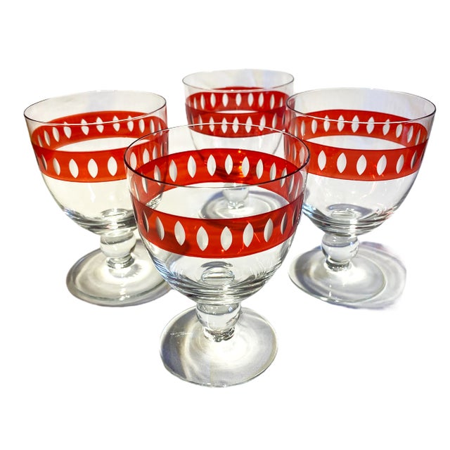 Glass Late 20th Century Art Deco-Style Red Diamond Overlay Goblets, Made in Romania – Set of 4 For Sale - Image 7 of 7